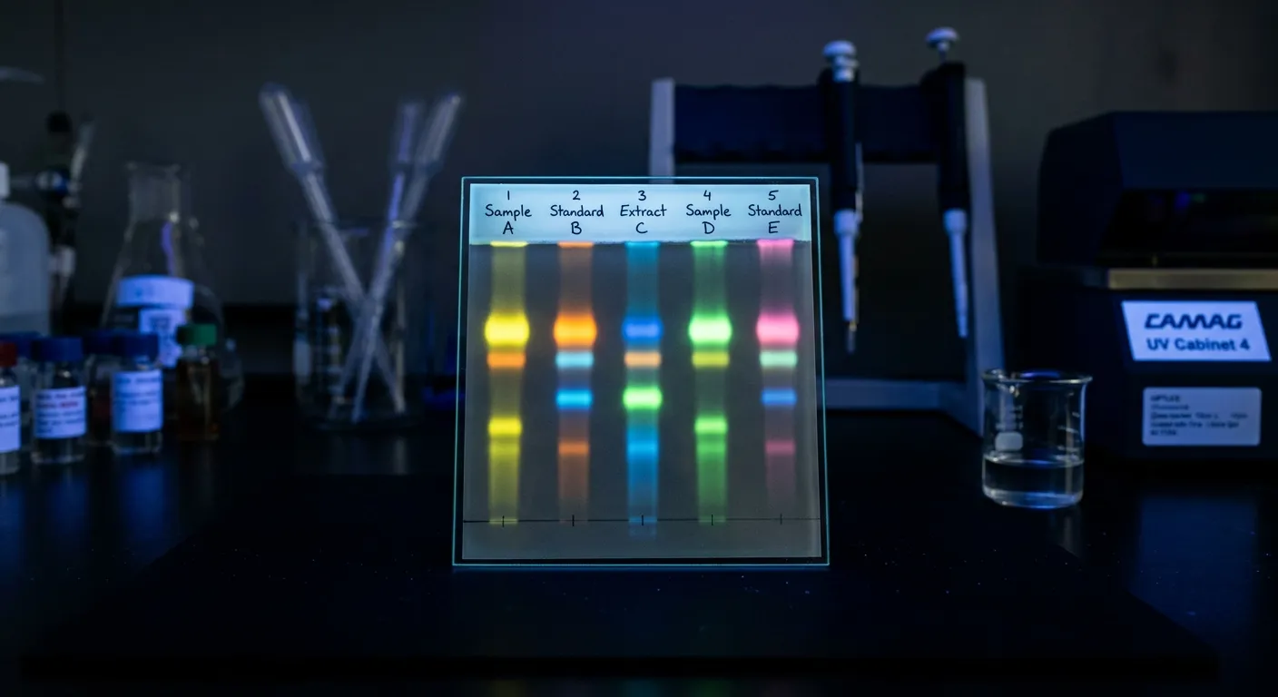 High-Performance Thin-Layer Chromatography silica plate showing chemical separation