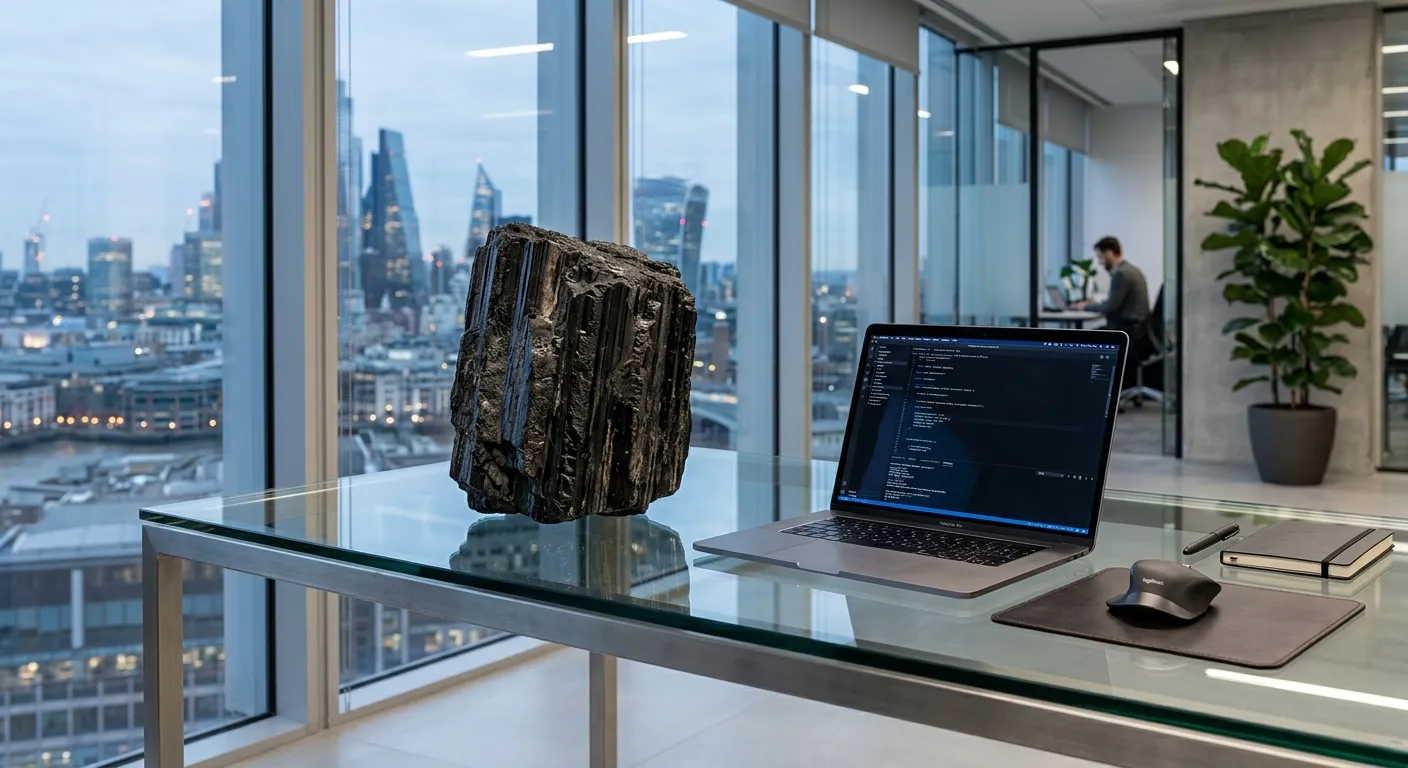 Massive raw black tourmaline crystal on a modern corporate desk