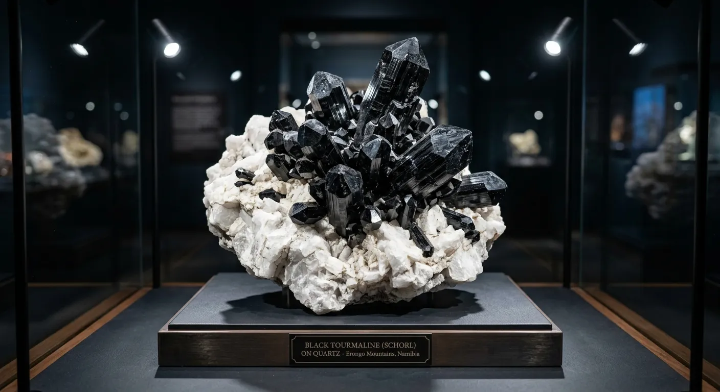 Multi-terminated black tourmaline cluster on white quartz matrix