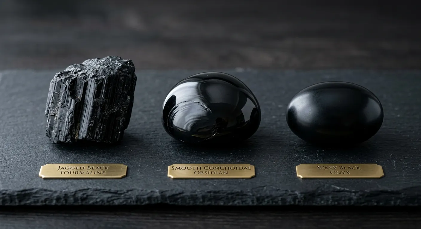Visual comparison between black tourmaline, obsidian, and onyx