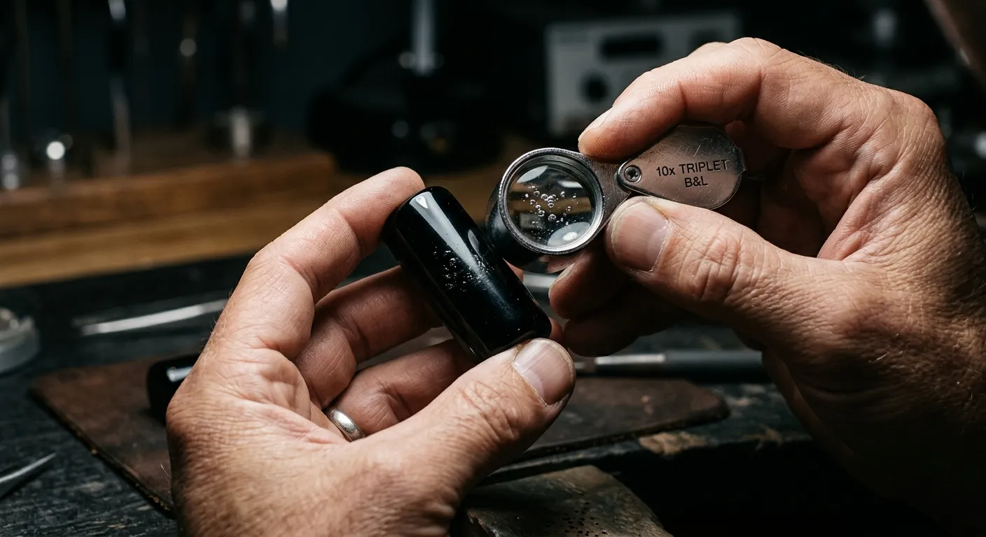 Jeweler inspecting a fake black tourmaline wand under a 10x loupe